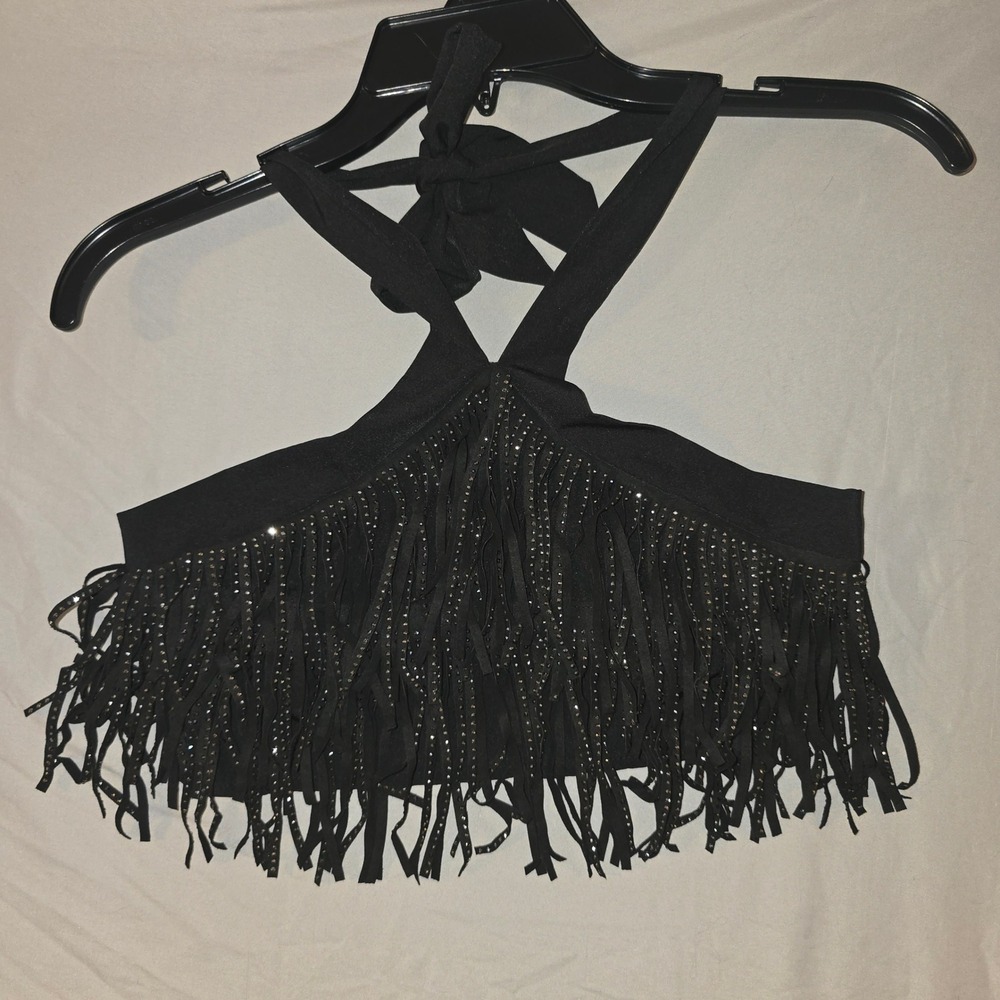 Effordram Fringe Halter Top Size 4 Womens Black Rhinestone Western Crop Top